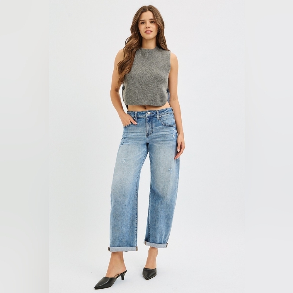 Risen High Rise Medium Wash Slouchy Baggy Barrel Jeans Cuffed Ankle Various NEW